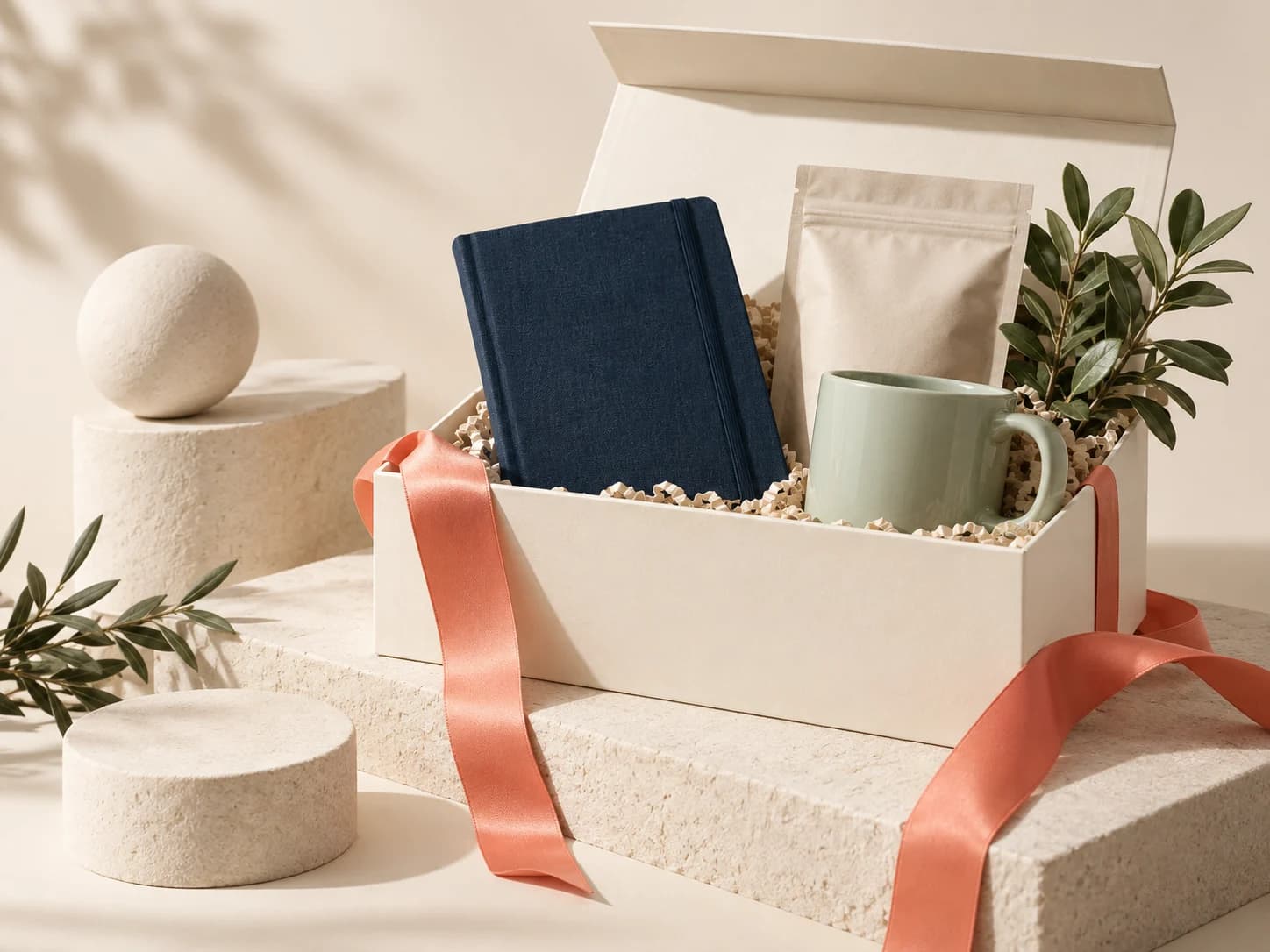 Thoughtfully curated gift box with a navy notebook, sage ceramic mug, coffee and coral ribbon
